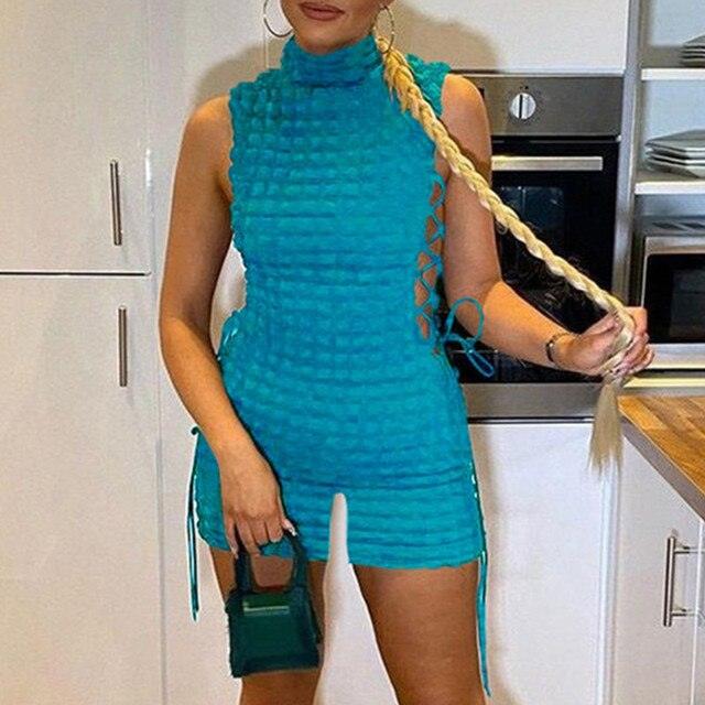 High Neck Solid Sleeve Lace Up Mini Dress - ItemBear.com