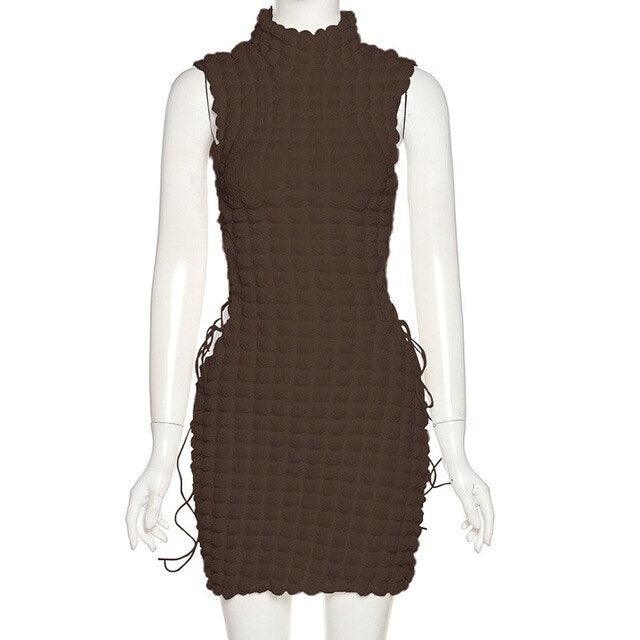 High Neck Solid Sleeve Lace Up Mini Dress - ItemBear.com