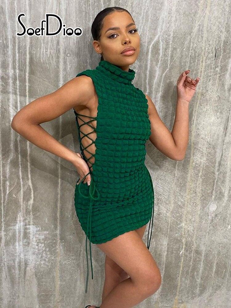 High Neck Solid Sleeve Lace Up Mini Dress - ItemBear.com