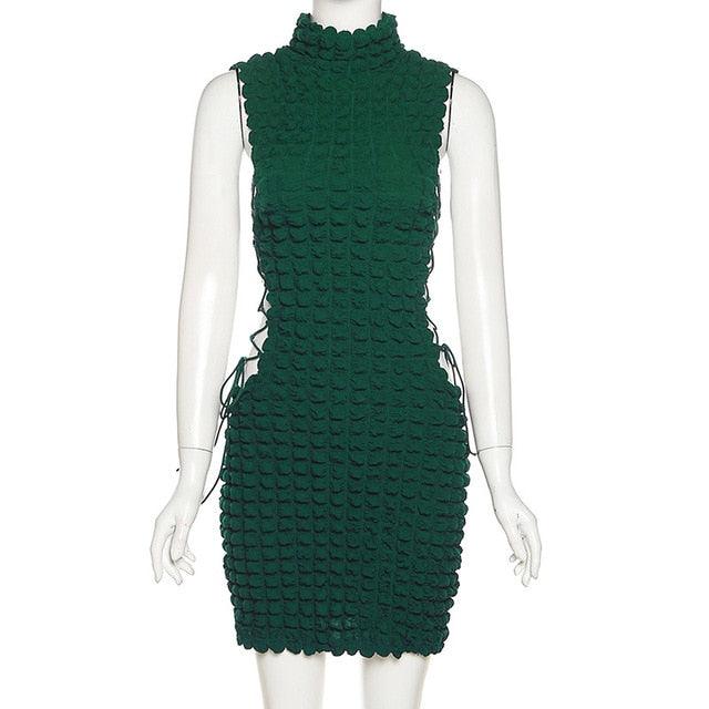 High Neck Solid Sleeve Lace Up Mini Dress - ItemBear.com