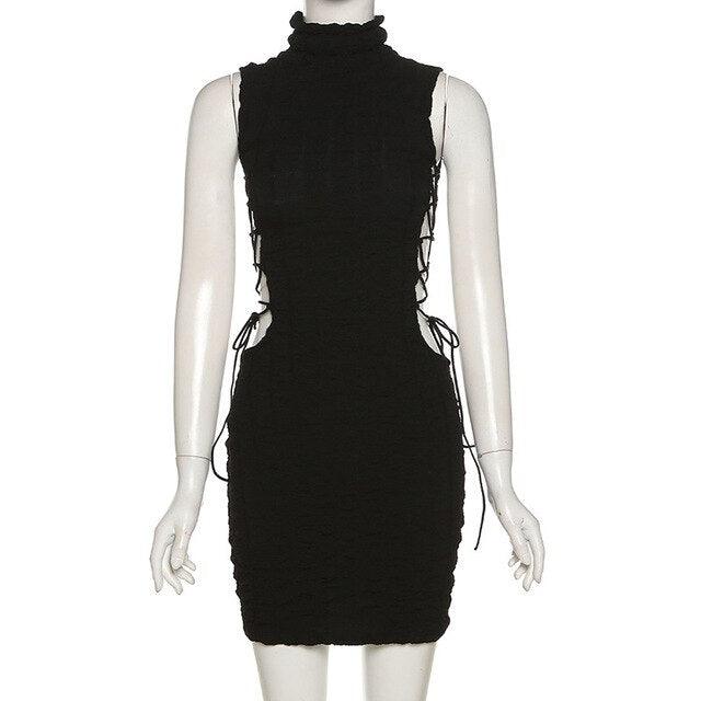 High Neck Solid Sleeve Lace Up Mini Dress - ItemBear.com
