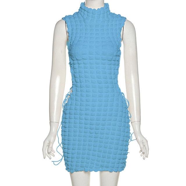 High Neck Solid Sleeve Lace Up Mini Dress - ItemBear.com