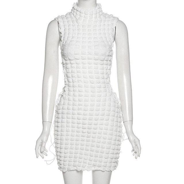 High Neck Solid Sleeve Lace Up Mini Dress - ItemBear.com