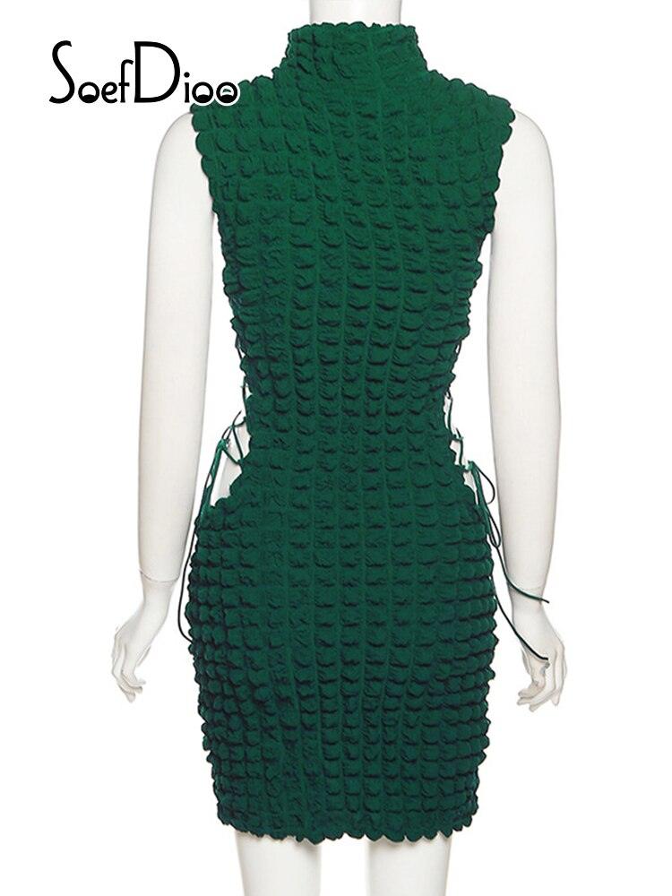 High Neck Solid Sleeve Lace Up Mini Dress - ItemBear.com