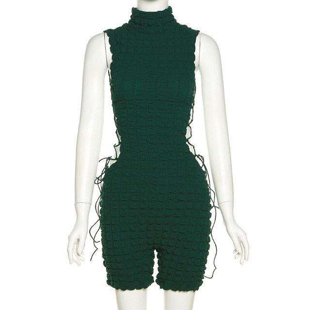 High Neck Solid Sleeve Lace Up Mini Dress - ItemBear.com