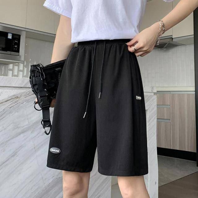 High Waisted Loose Drawstring Black Biker Shorts - ItemBear.com