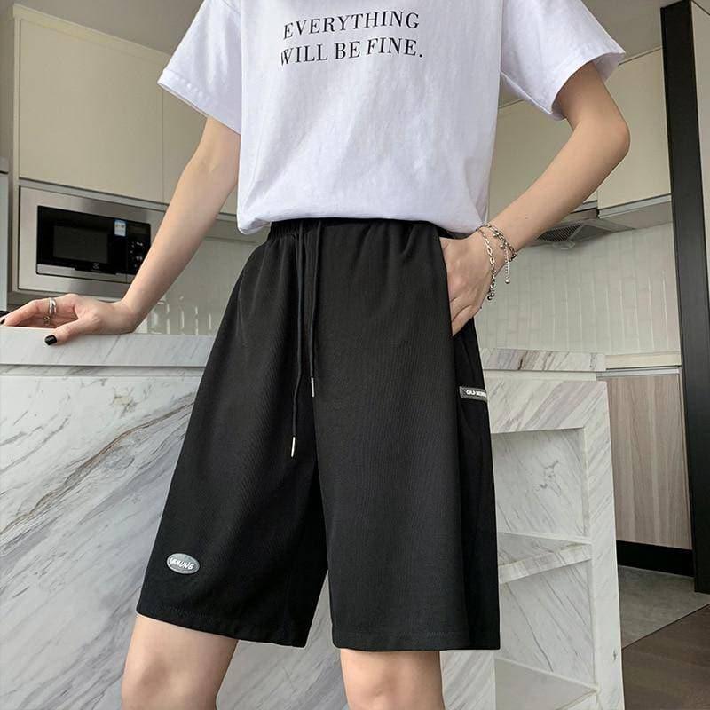 High Waisted Loose Drawstring Black Biker Shorts - ItemBear.com