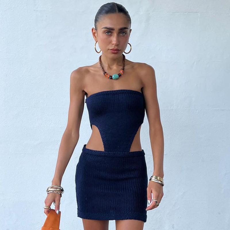 Hollow-out tube top knitted skirt tight-fitting hollowed-out backless 2022 spring and summer new European and American wrap chest sexy dress - ItemBear.com