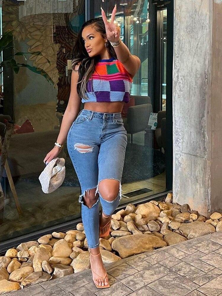 Knitted Contrast Color Crop Tank Top and Shorts - ItemBear.com