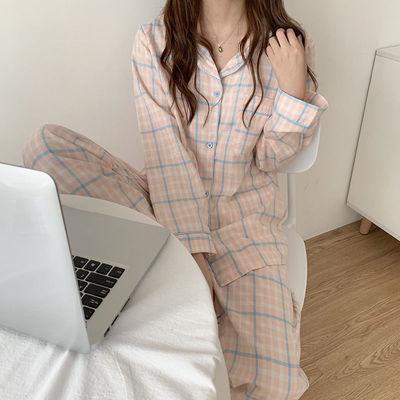 Korean version of grid cute spring and autumn can be worn outside home clothes suit students 2021 new pajamas female spring thin section - ItemBear.com