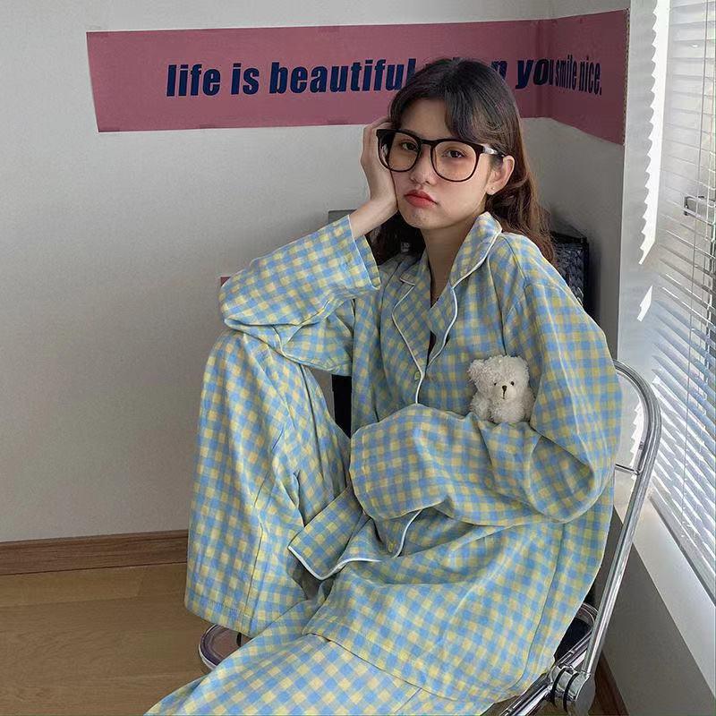 Korean version of grid cute spring and autumn can be worn outside home clothes suit students 2021 new pajamas female spring thin section - ItemBear.com