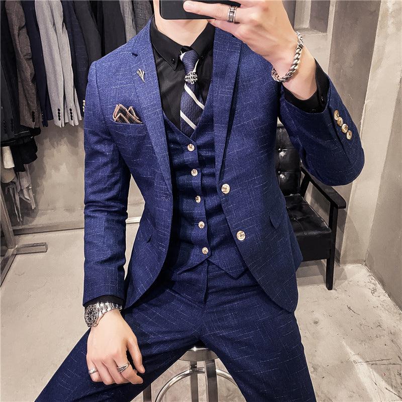 Korean version of slim dark pattern men's two-button suit three-piece suit spring and autumn style gentleman men's suit vest pants - ItemBear.com