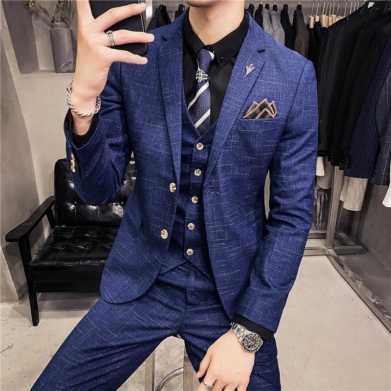 Korean version of slim dark pattern men's two-button suit three-piece suit spring and autumn style gentleman men's suit vest pants - ItemBear.com