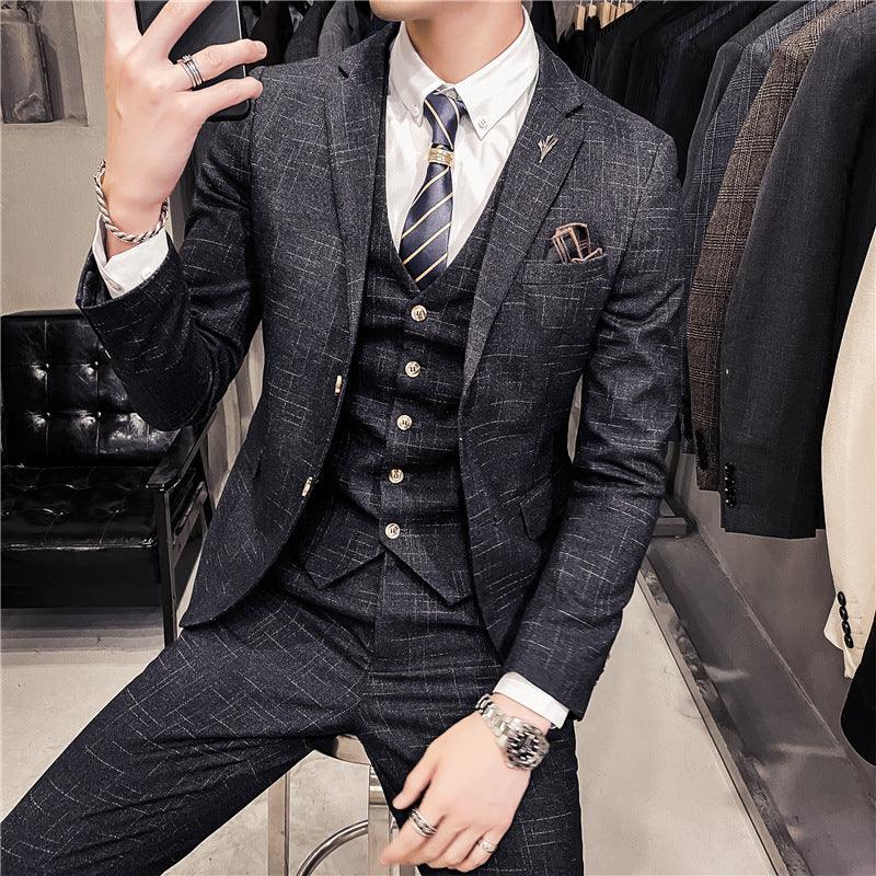 Korean version of slim dark pattern men's two-button suit three-piece suit spring and autumn style gentleman men's suit vest pants - ItemBear.com