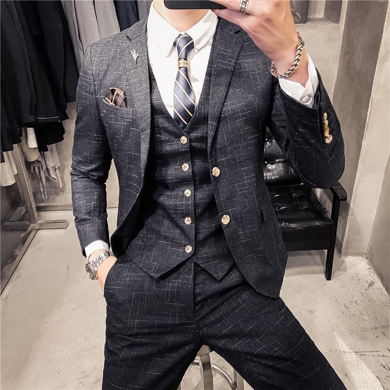 Korean version of slim dark pattern men's two-button suit three-piece suit spring and autumn style gentleman men's suit vest pants - ItemBear.com