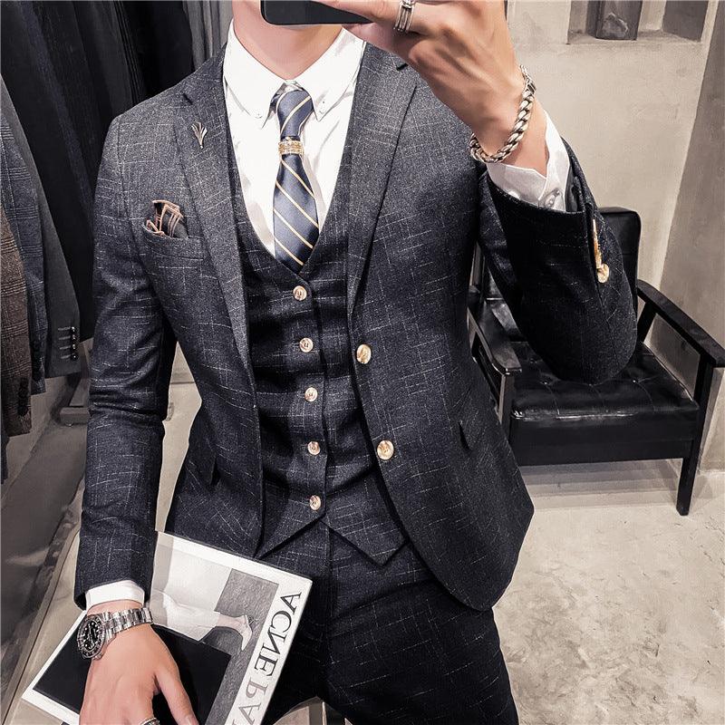 Korean version of slim dark pattern men's two-button suit three-piece suit spring and autumn style gentleman men's suit vest pants - ItemBear.com
