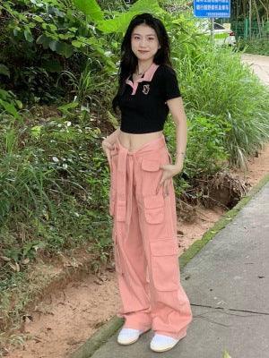 new American retro multi-pocket old overalls women's cool street loose slim straight trousers trendy - ItemBear.com