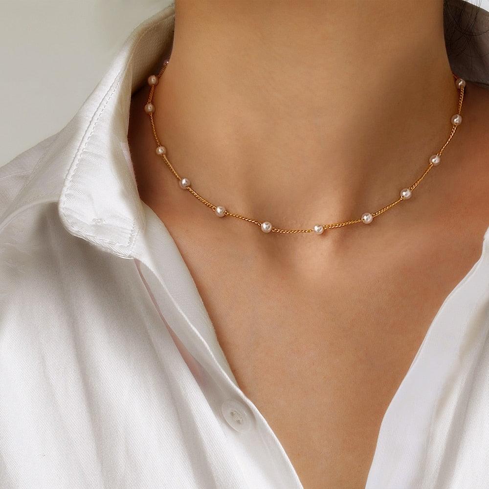 New Beads Women's Neck Chain Kpop Pearl Choker Necklace Gold Color Goth Chocker Jewelry On The Neck Pendant 2021 Collar For Girl - ItemBear.com