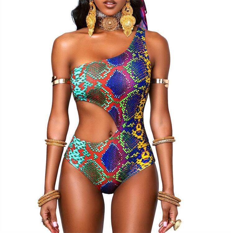 new bikini women's one-piece hollow digital printing one-shoulder slim sexy European and American M2057 - ItemBear.com