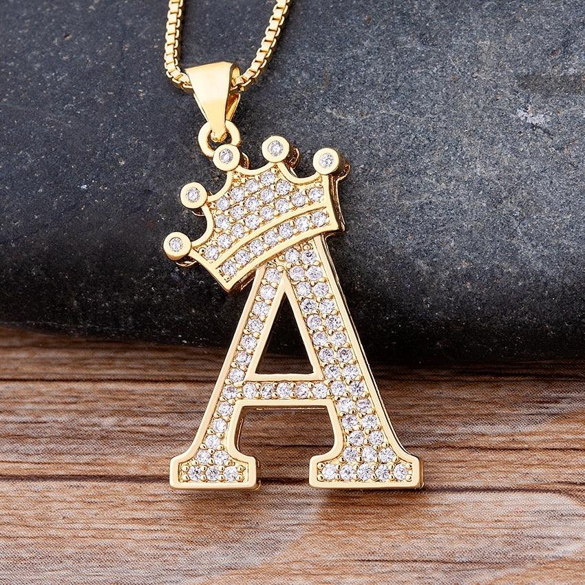 New Luxury Copper Zircon A-Z Crown Alphabet Pendant Chain Necklace Punk Hip-Hop Style Fashion Woman Man Initial Name Jewelry - ItemBear.com