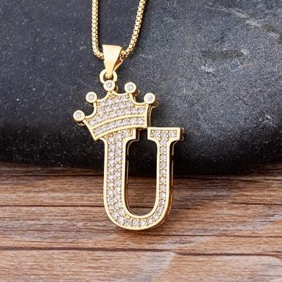 New Luxury Copper Zircon A-Z Crown Alphabet Pendant Chain Necklace Punk Hip-Hop Style Fashion Woman Man Initial Name Jewelry - ItemBear.com