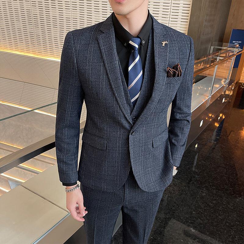 new men's plaid suit business casual banquet dress Korean suit three-piece suit - ItemBear.com
