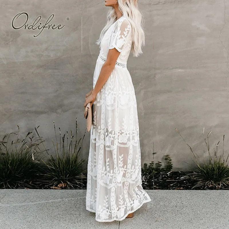 Ordifree 2022 Summer Boho Women Maxi Dress Loose Embroidery White Lace Long Tunic Beach Dress Vacation Holiday Clothes - ItemBear.com