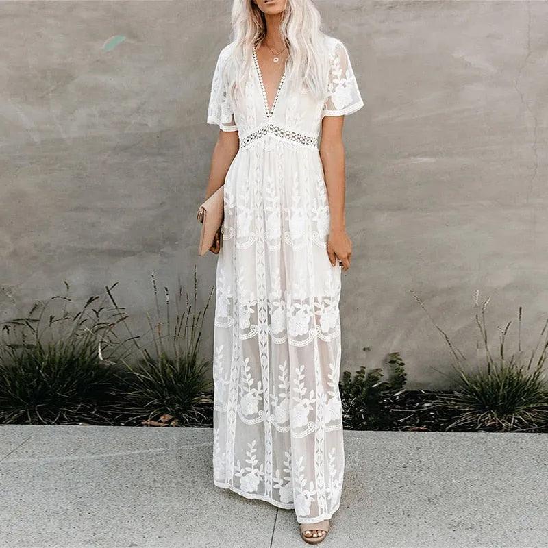 Ordifree 2022 Summer Boho Women Maxi Dress Loose Embroidery White Lace Long Tunic Beach Dress Vacation Holiday Clothes - ItemBear.com