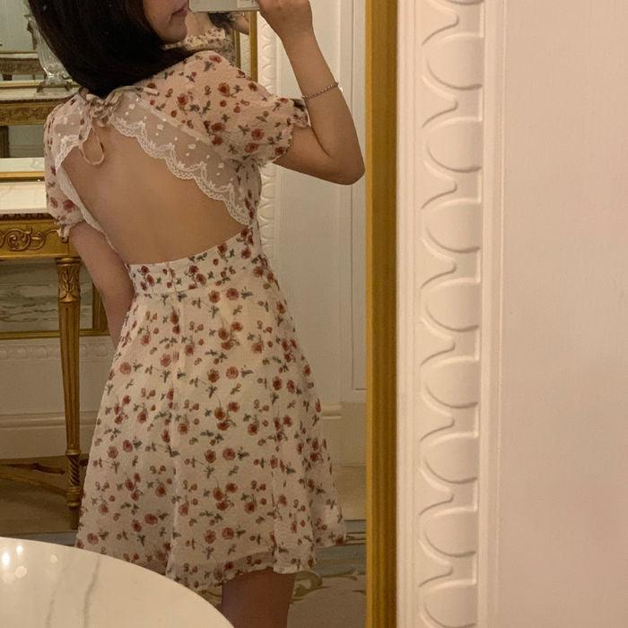 Pink Floral Backless Lace Mini Dress - ItemBear.com