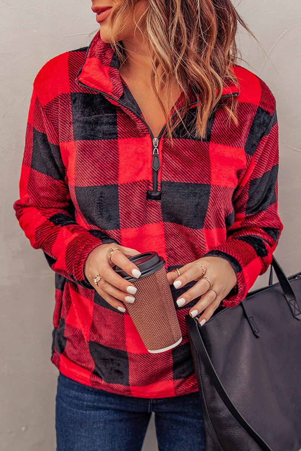 Plaid Print 1/4 Collar Sweatshirt - ItemBear.com