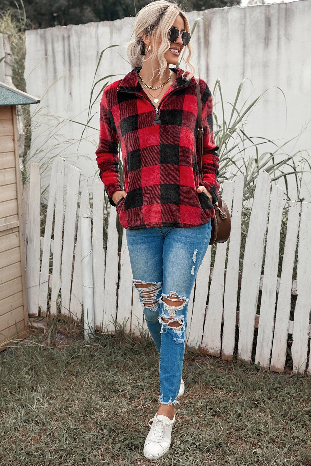 Plaid Print 1/4 Collar Sweatshirt - ItemBear.com