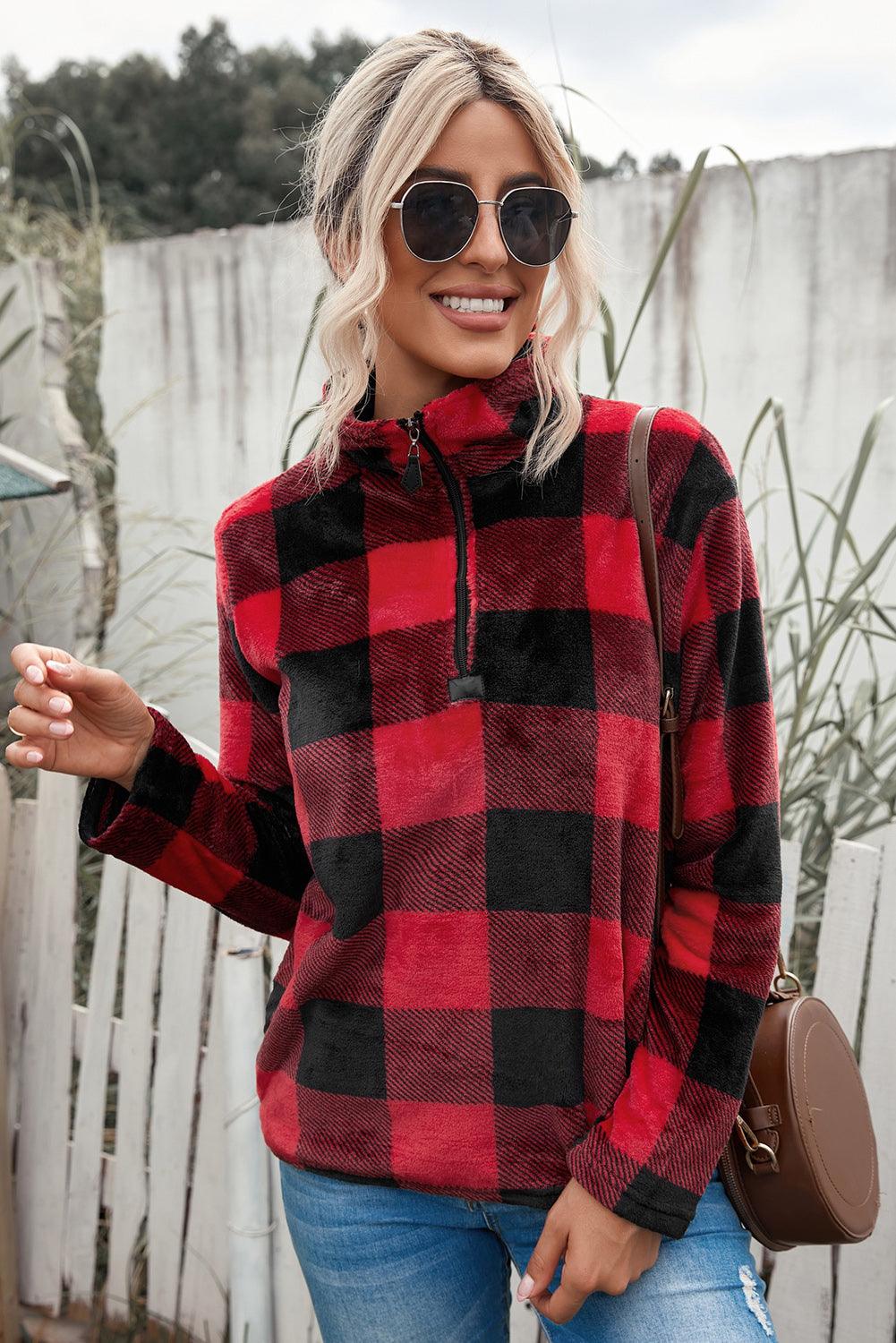 Plaid Print 1/4 Collar Sweatshirt - ItemBear.com