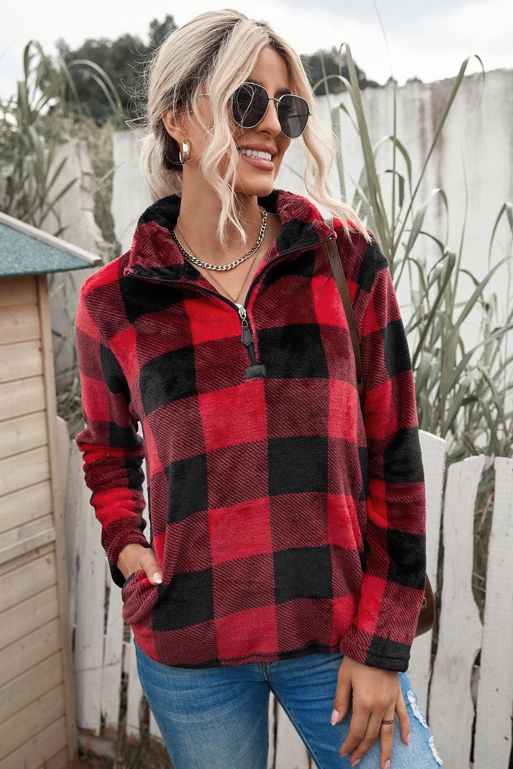 Plaid Print 1/4 Collar Sweatshirt - ItemBear.com