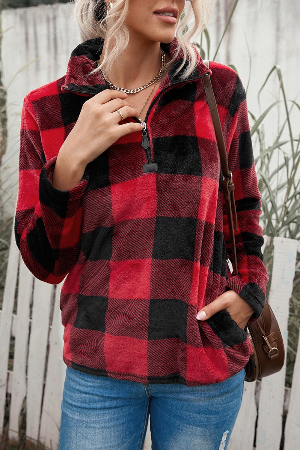 Plaid Print 1/4 Collar Sweatshirt - ItemBear.com