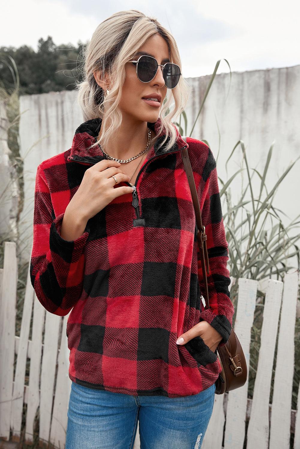 Plaid Print 1/4 Collar Sweatshirt - ItemBear.com