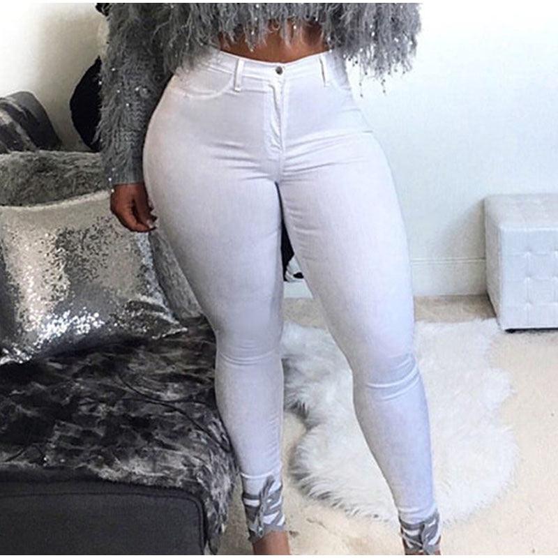 Plus Size High Waist Stretchy Skinny White Basic Casual Jeans Distressed Bodycon Pencil Denim Pants Lady Indie Trousers Jean - ItemBear.com