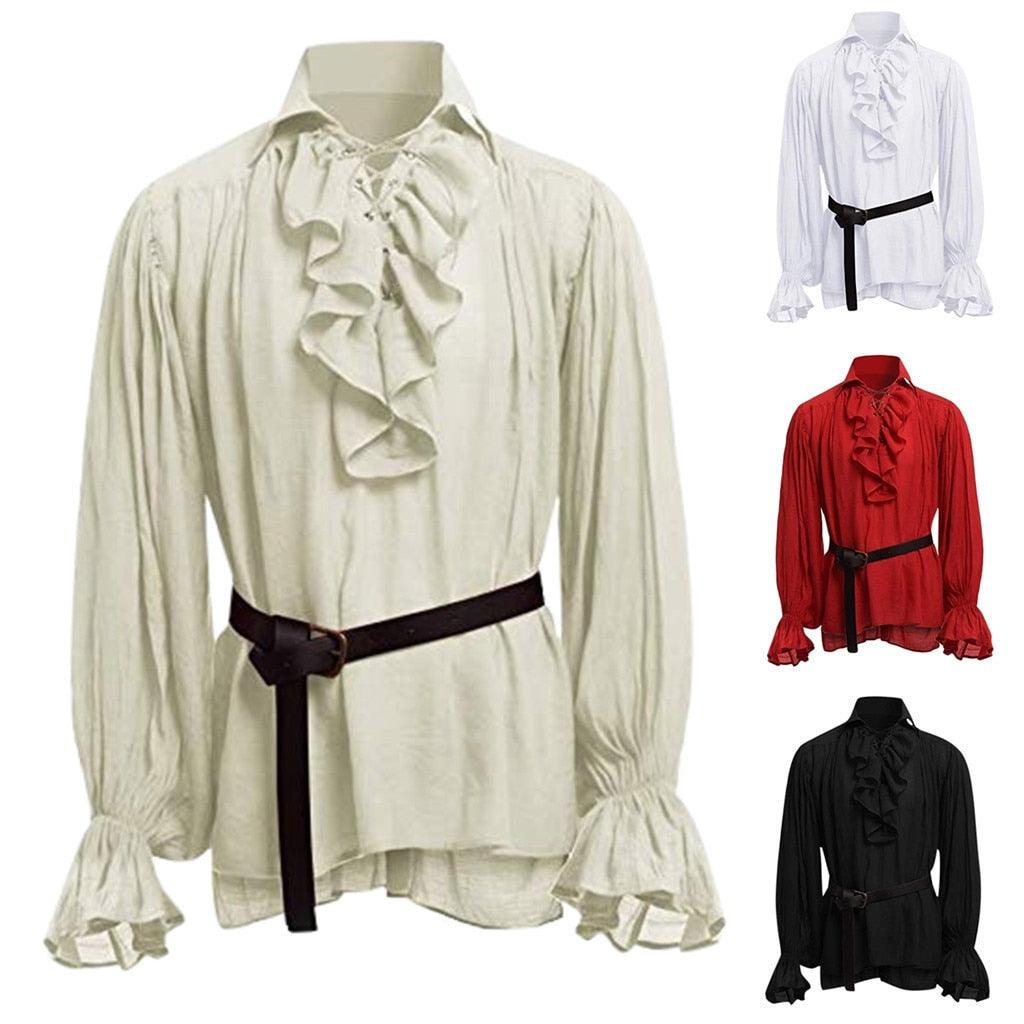 Popxstar New Medieval Renaissance Lacing Up Shirt Bandage Tops For Adut Men Larp Vintage Costume Fluffy Long Sleeve For Male pants Belt - ItemBear.com