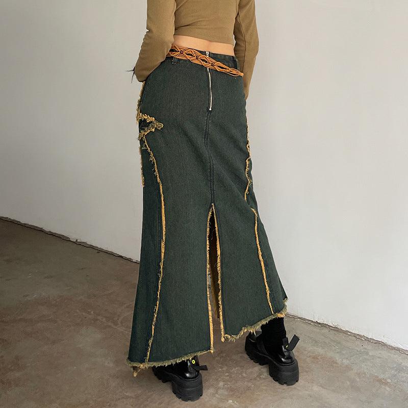 Retro fishtail denim skirt women's American style 2022 new five-pointed star split design bag hip over the knee casual long skirt - ItemBear.com