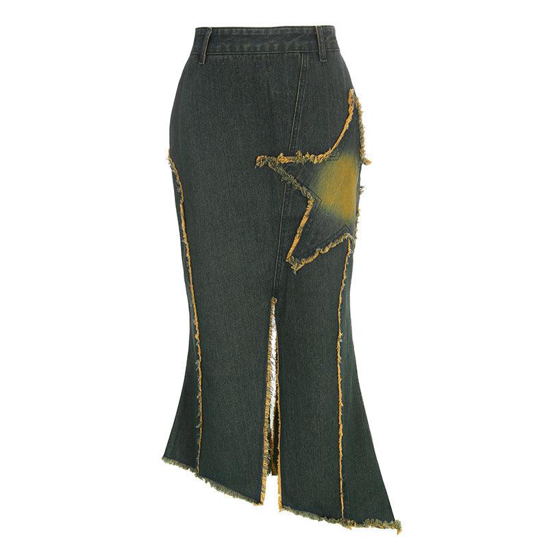 Retro fishtail denim skirt women's American style 2022 new five-pointed star split design bag hip over the knee casual long skirt - ItemBear.com
