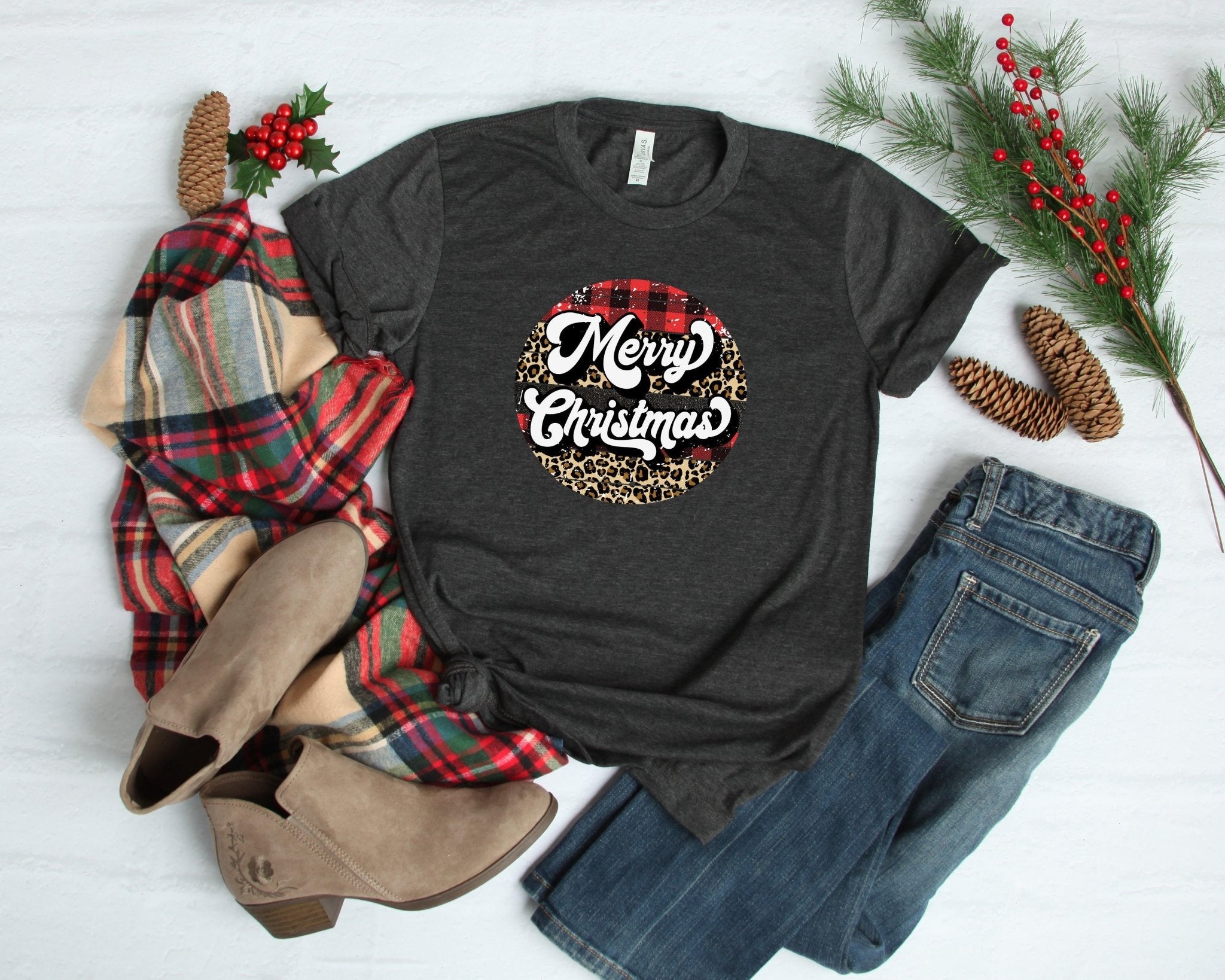 Retro Merry Christmas Shirt, Buffalo Plaid Christmas Shirt - ItemBear.com