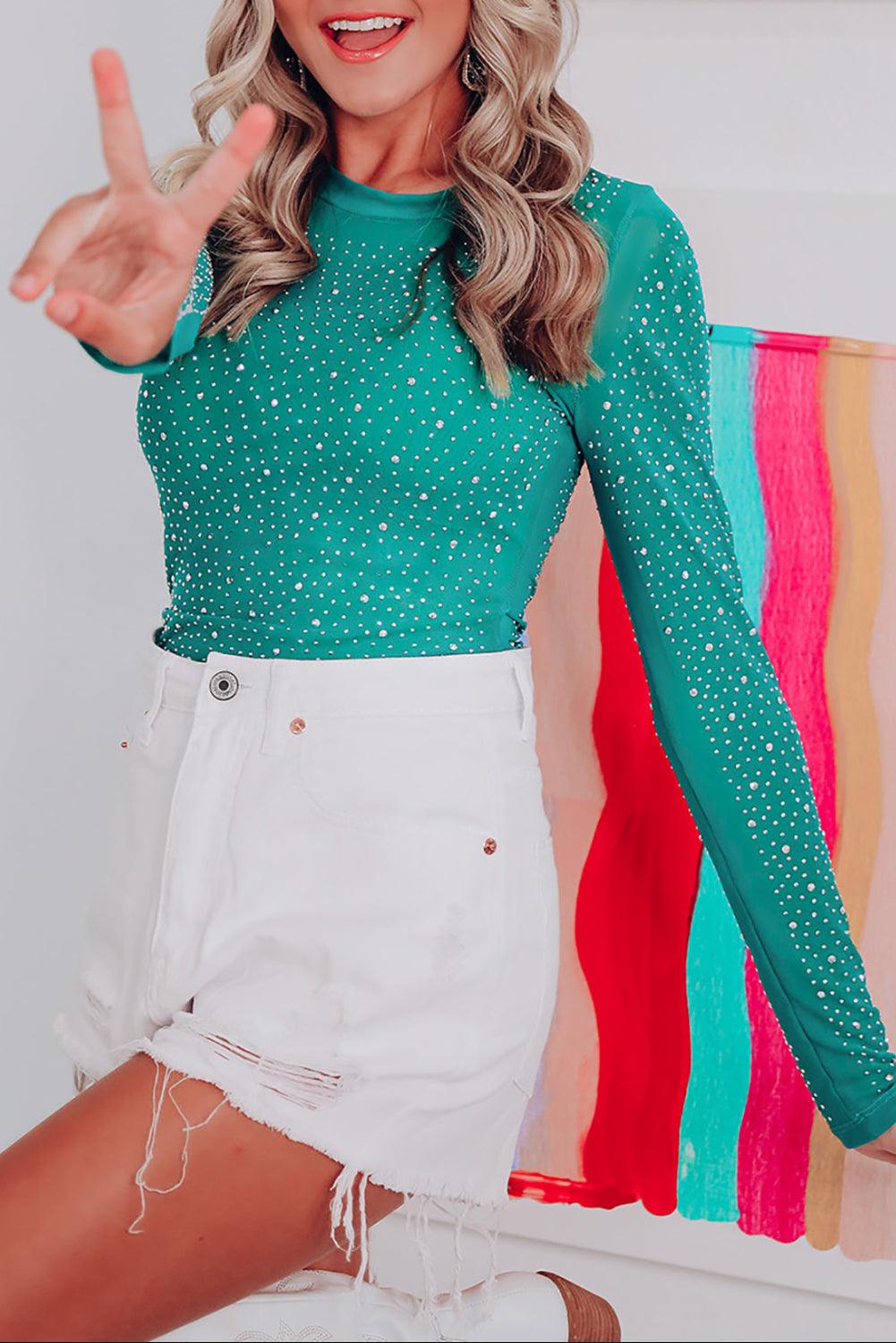 Rhinestone Casual Slim Fit Long Sleeve Bodysuit - ItemBear.com