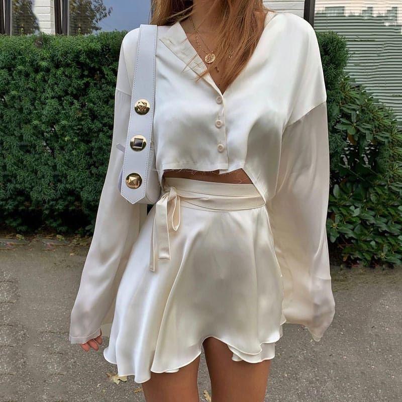 Satin Solid Lantern Sleeve Top & Shorts Set - ItemBear.com