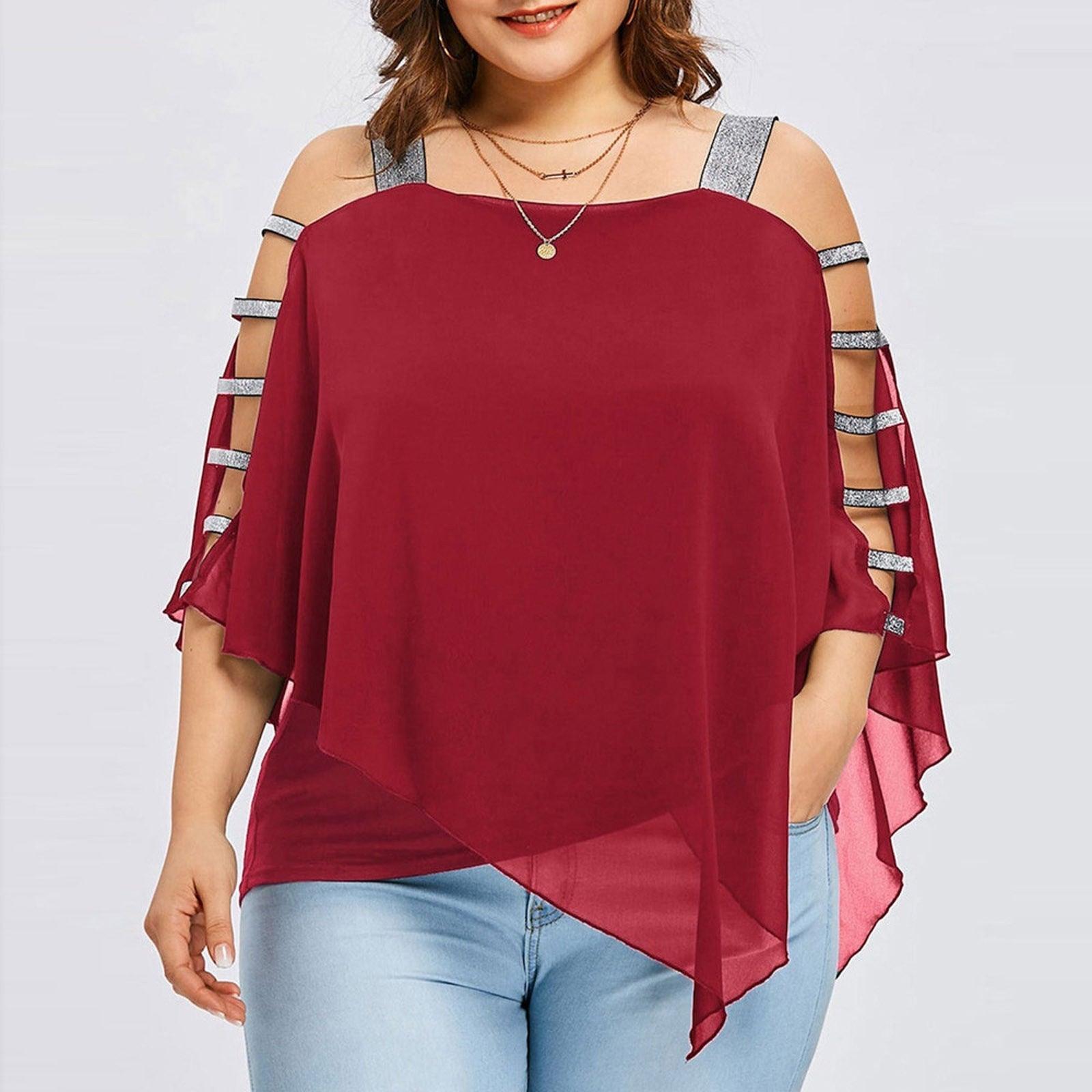 Sexy Fashion Plus Size Tops Women Ladder Sling Cut Overlay Patchwork Hollow Out Blouse Strapless Tops Flare Sleeves Blouse - ItemBear.com