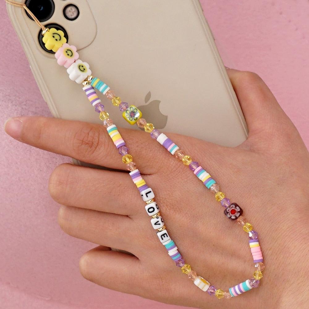 Shinus Heishi Disc Beads Crystal Chain For Phone Mobile Phone Lanyard Smile Cell Phone Chains 2021 LOVE Letter String Wristband - ItemBear.com