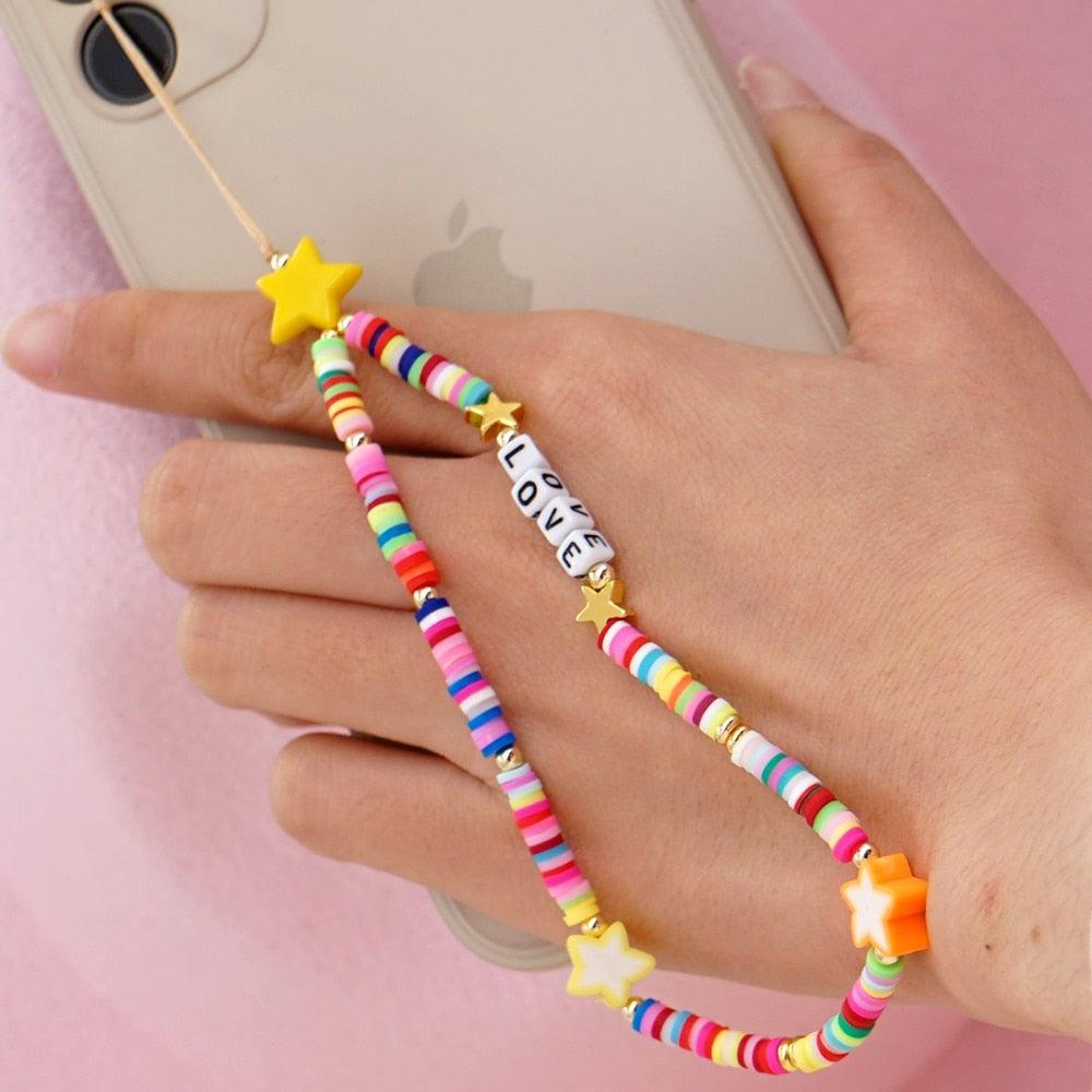 Shinus Heishi Disc Beads Crystal Chain For Phone Mobile Phone Lanyard Smile Cell Phone Chains 2021 LOVE Letter String Wristband - ItemBear.com