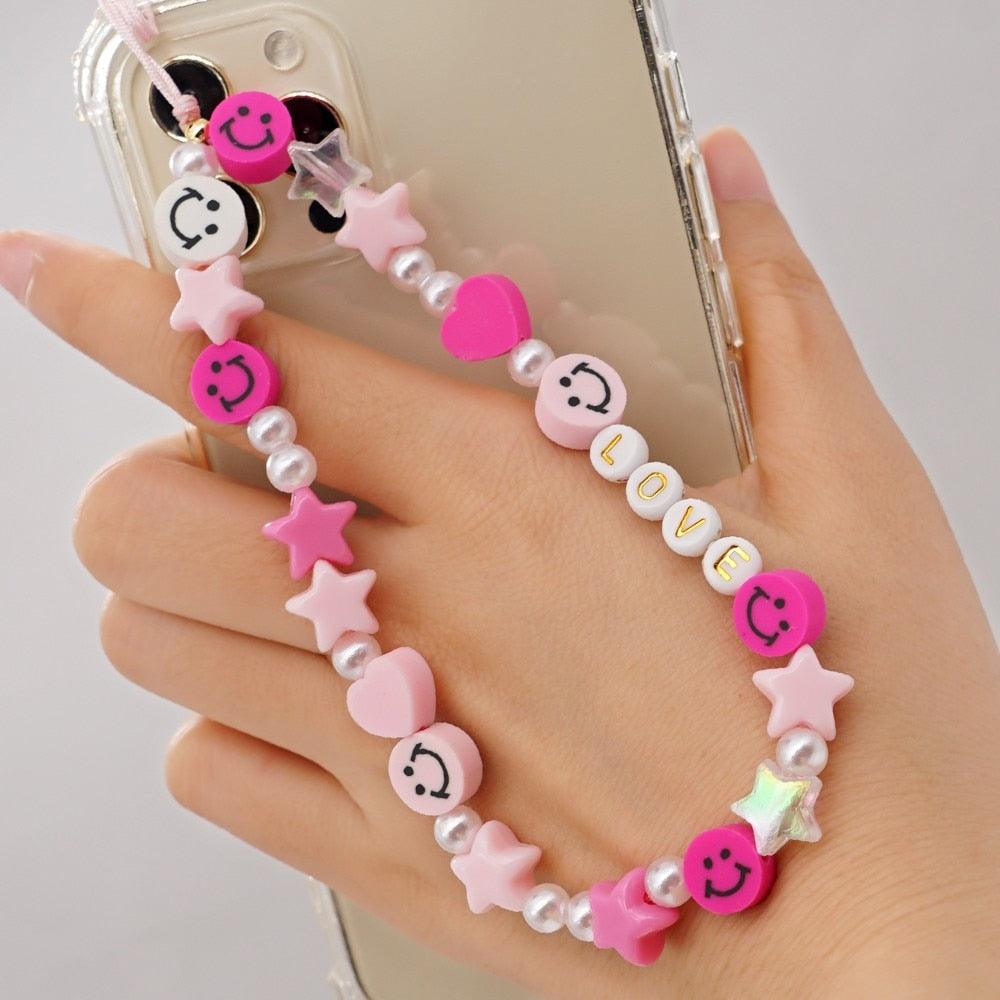 Shinus Heishi Disc Beads Crystal Chain For Phone Mobile Phone Lanyard Smile Cell Phone Chains 2021 LOVE Letter String Wristband - ItemBear.com
