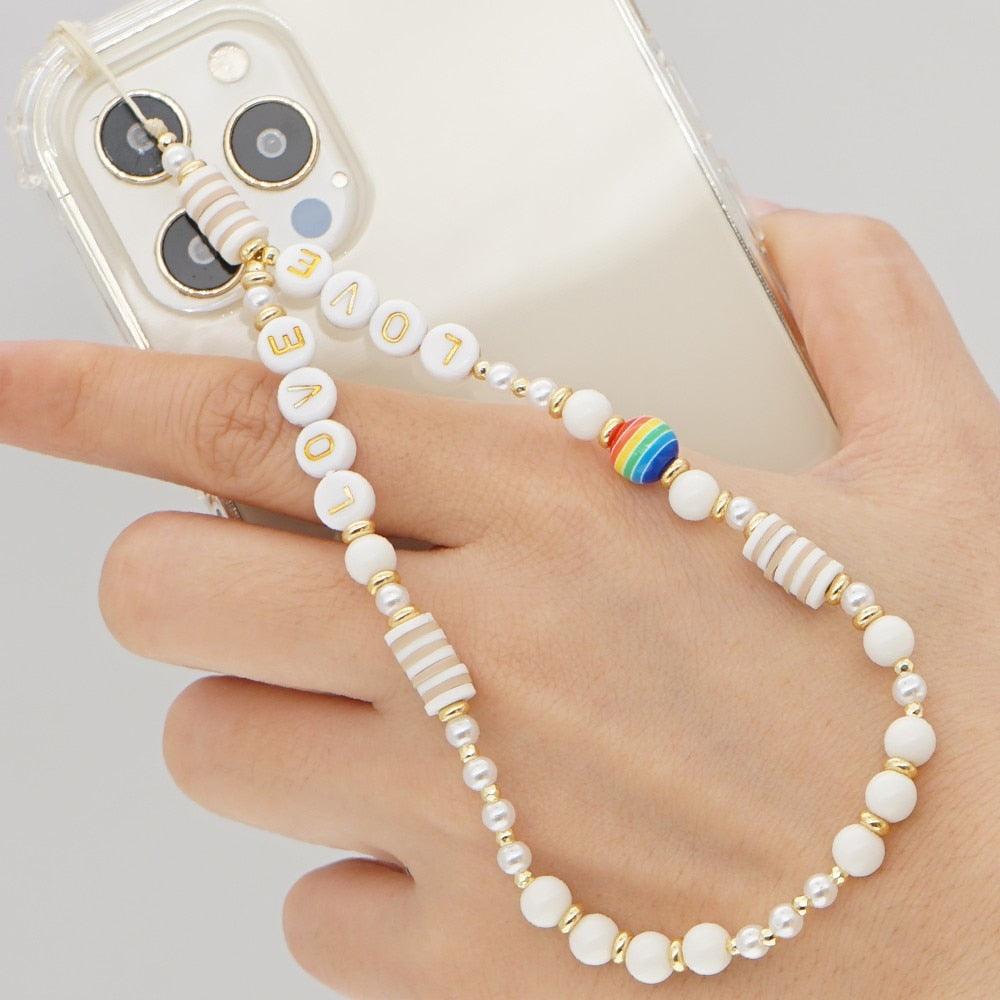 Shinus Heishi Disc Beads Crystal Chain For Phone Mobile Phone Lanyard Smile Cell Phone Chains 2021 LOVE Letter String Wristband - ItemBear.com