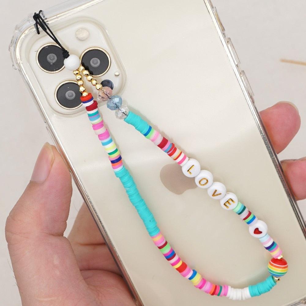 Shinus Heishi Disc Beads Crystal Chain For Phone Mobile Phone Lanyard Smile Cell Phone Chains 2021 LOVE Letter String Wristband - ItemBear.com