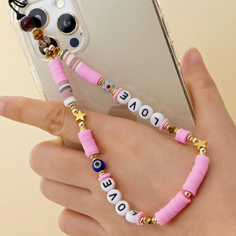 Shinus Heishi Disc Beads Crystal Chain For Phone Mobile Phone Lanyard Smile Cell Phone Chains 2021 LOVE Letter String Wristband - ItemBear.com