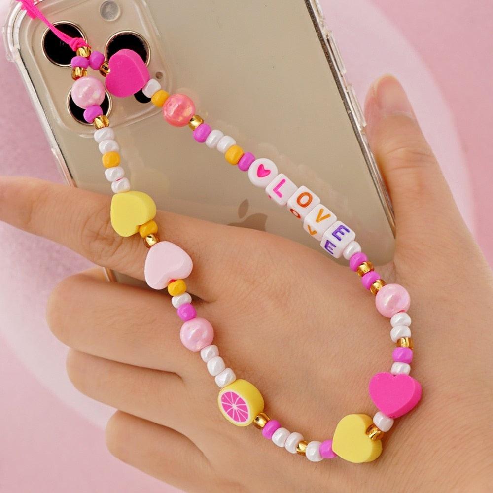 Shinus Heishi Disc Beads Crystal Chain For Phone Mobile Phone Lanyard Smile Cell Phone Chains 2021 LOVE Letter String Wristband - ItemBear.com